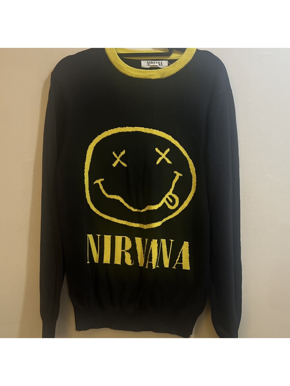 Nirvana Smiley Logo Black & Yellow Knit Pullover Sweater Crewneck Size S